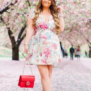 NEW WAYF Arin Floral Print Short Sleeve Wrap Front Belted Mini Dress Size Large